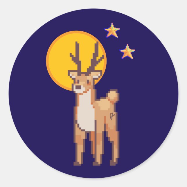 Pegatina Redonda Reindeer, Pixelart, Pixel Art  (Anverso)