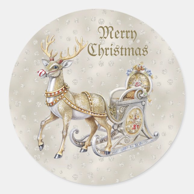Pegatina Redonda Reindeer Sleigh Christmas Sticker (Anverso)