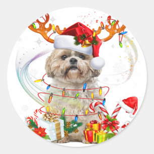 Pegatina Redonda Reindeo de los Navidades Shih Tzu   Luces Navidade