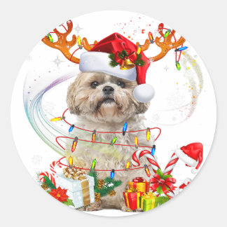 Pegatina Redonda Reindeo de los Navidades Shih Tzu | Luces Navidade