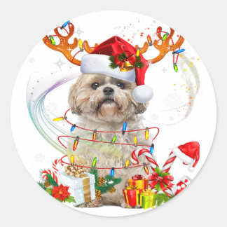Pegatina Redonda Reindeo de los Navidades Shih Tzu | Luces Navidade
