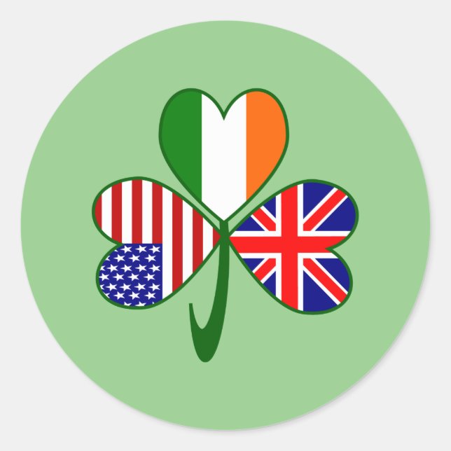 Pegatina Redonda Reino Unido Estados Unidos Irlanda Bandera Shamroc (Anverso)