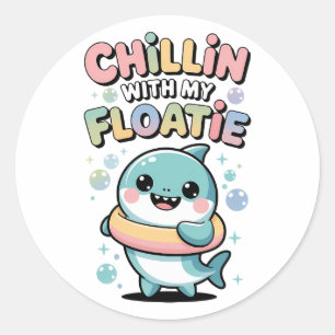 Pegatina Redonda Relajándose con mi flotador Bebé Tiburón Niños