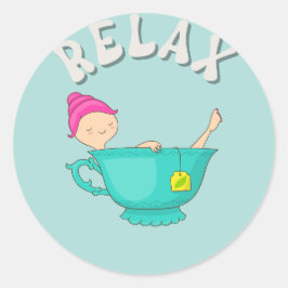 Pegatina Redonda Relájese Chica en la Copa del Té Meditación