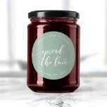 Pegatina Redonda Relax Script Difundir el Boda de color del Persona<br><div class="desc">pegatina boda con las palabras "Difundir el amor" en un guión cursivo relajante en blanco contra un color de fondo editable (haga clic en personalizar para acceder). Personalízalo reemplazando el texto del marcador de posición. Para obtener más opciones como cambiar el tipo de letra y su tamaño/color, expanda la curva...</div>
