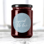 Pegatina Redonda Relax Script Difundir el Boda de color del Persona<br><div class="desc">pegatina boda con las palabras "Difundir el amor" en un guión cursivo relajante en blanco contra un color de fondo editable (haga clic en personalizar para acceder). Personalízalo reemplazando el texto del marcador de posición. Para obtener más opciones como cambiar el tipo de letra y su tamaño/color, expanda la curva...</div>