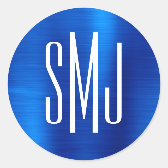 Pegatina Redonda Relieve metalizado azul real tres letras monograma (Anverso)