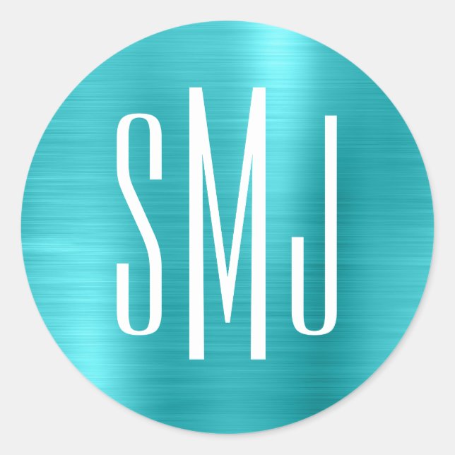 Pegatina Redonda Relieve metalizado azul turquesa Tres letras Monog (Anverso)