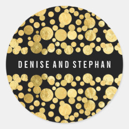 Pegatina Redonda Relieve metalizado dorado Confetti Boda negro