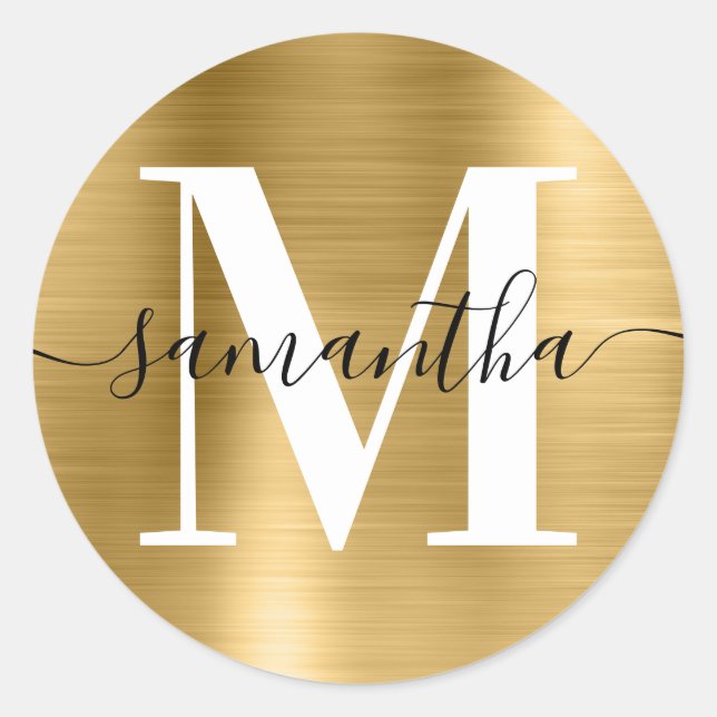 Pegatina Redonda Relieve metalizado dorado de monograma moderno con (Anverso)
