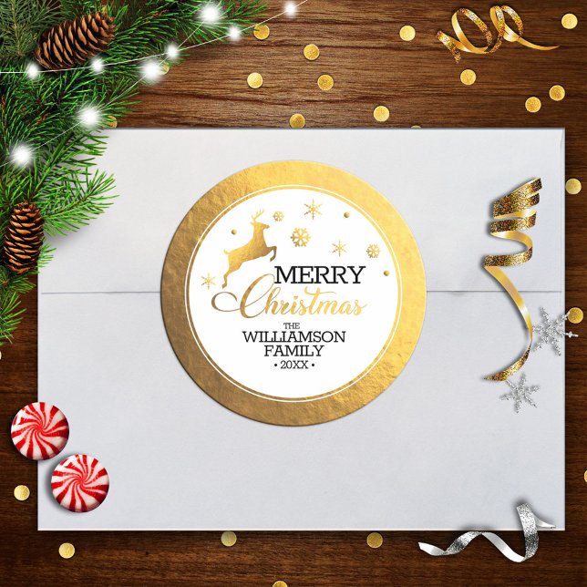 Pegatina Redonda Relieve metalizado dorado de renos Feliz Navidad (Subido por el creador)