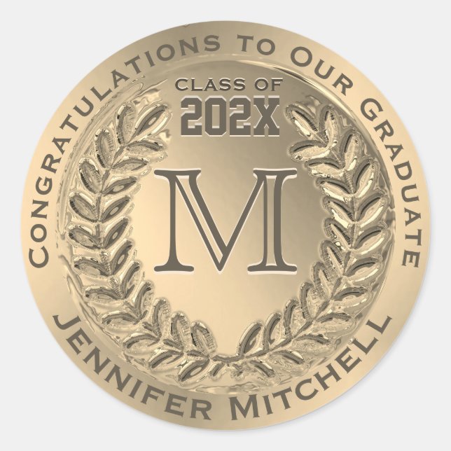 Pegatina Redonda Relieve metalizado dorado falso de graduación (Anverso)