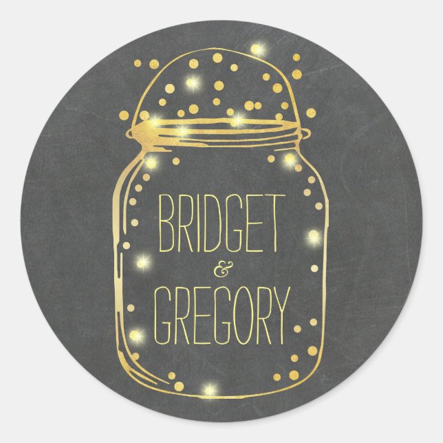 Pegatina Redonda Relieve metalizado dorado Mason Jar Confetti Firef (Anverso)