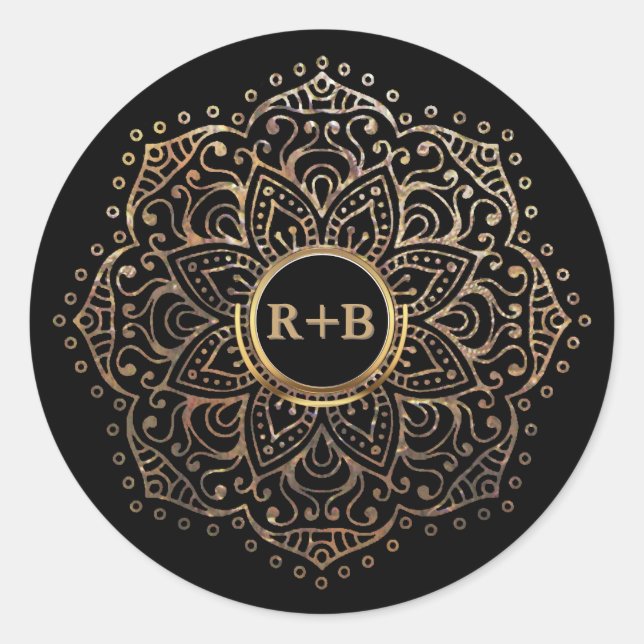 Pegatina Redonda Relieve metalizado dorado negro Mandala Boho Favor (Anverso)