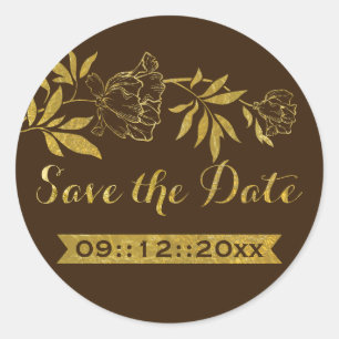 Pegatina Redonda Relieve metalizado dorado peonías floral boda Save