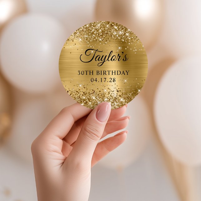 Pegatina Redonda Relieve metalizado dorado Purpurinoso 30 cumpleaño (Glittery Gold Foil 30th Birthday Classic Round Sticker)