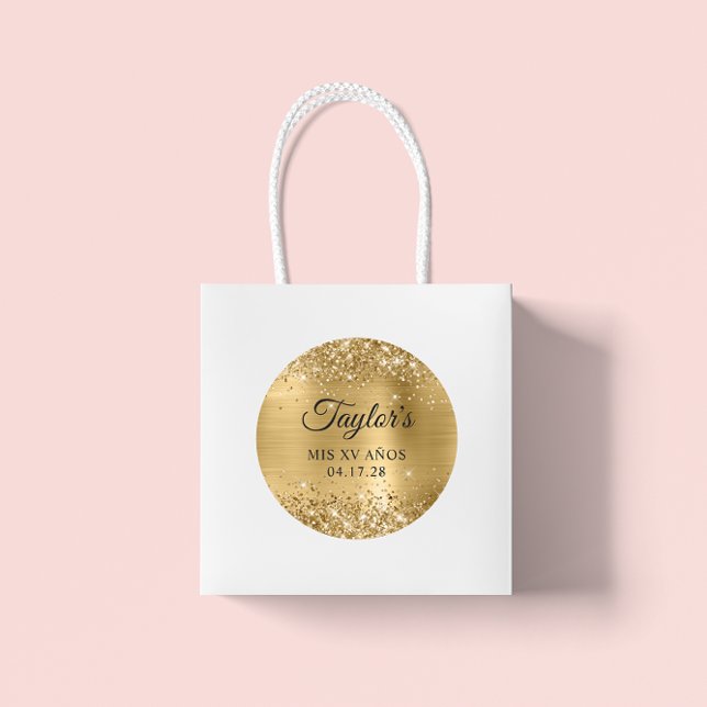 Pegatina Redonda Relieve metalizado dorado Purpurinoso Mis XV Anos  (Glittery Gold Foil Mis XV Anos Birthday Classic Big Round Favor Stickers)