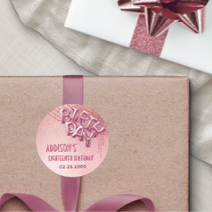 Pegatina Redonda Relieve metalizado dorado Rosa Globos Cumpleaños