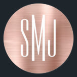 Pegatina Redonda Relieve metalizado dorado Rosa Tres letras Monogra<br><div class="desc">Un sencillo diseño monográfico de tres letras sobre pegatinas a favor. sellos para sobres monográficos de 3 letras en pareja boda. El fondo presenta un falso rosa de oro y una gráfica de arte digital de Relieve metalizado metálico oscuro y rubio. El efecto de arte digital se imprime como una...</div>