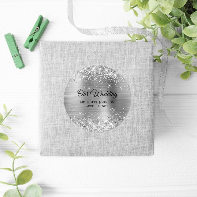 Pegatina Redonda Relieve metalizado plateado Purpurinoso Nuestro Bo (Wedding Favor Stickers)