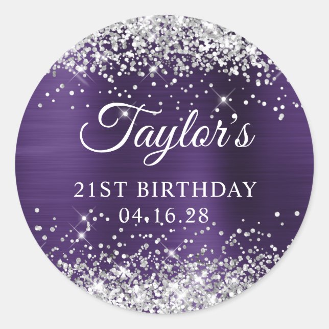 Pegatina Redonda Relieve metalizado Purpurinoso de Plata Violeta Os (Anverso)