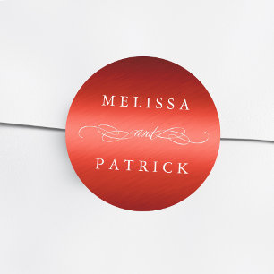 Pegatina Redonda Relieve metalizado Rojo Faux Swirly Y Script Boda