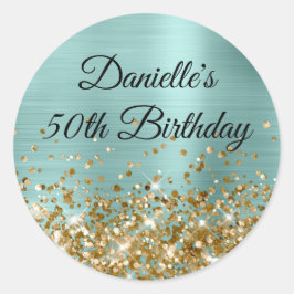 Pegatina Redonda Relieve metalizado Turquesa pálido Purpurina de or