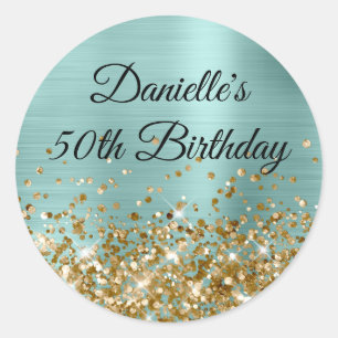 Pegatina Redonda Relieve metalizado Turquesa pálido Purpurina de or