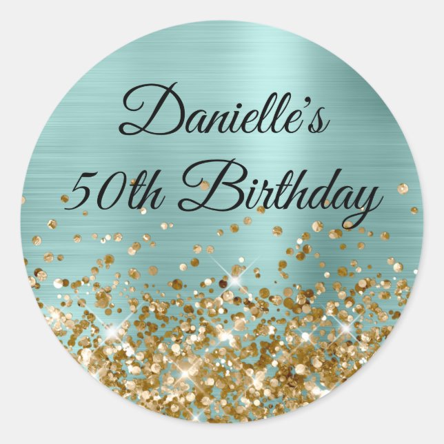 Pegatina Redonda Relieve metalizado Turquesa pálido Purpurina de or (Anverso)