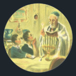 Pegatina Redonda Religión vintage, judaísmo, iluminar la menorah<br><div class="desc">Imagen de judaica religiosa de ilustracion de época con un rabino encendiendo velas en una Menora durante Hanukkah con dos niños mirando.</div>