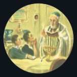 Pegatina Redonda Religión vintage, judaísmo, iluminar la menorah<br><div class="desc">Imagen de judaica religiosa de ilustracion de época con un rabino encendiendo velas en una Menora durante Hanukkah con dos niños mirando.</div>