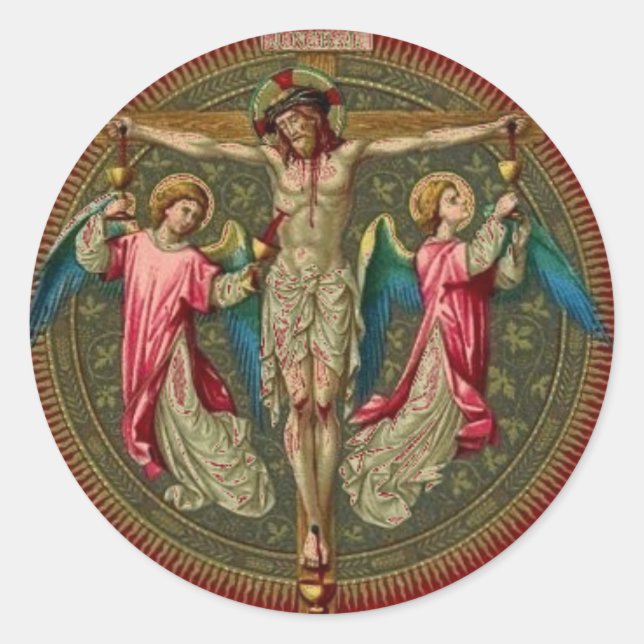 Pegatina Redonda Religioso Católico Jesús Crucifixion Angels (Anverso)