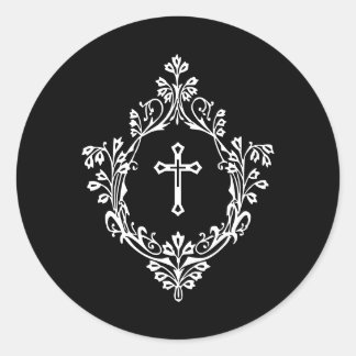 Pegatina Redonda Religious Black and White Cross in Crest Vintage 