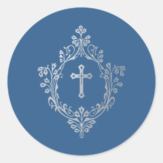 Pegatina Redonda Religious Classic Blue Faux Silver Cross in Crest 