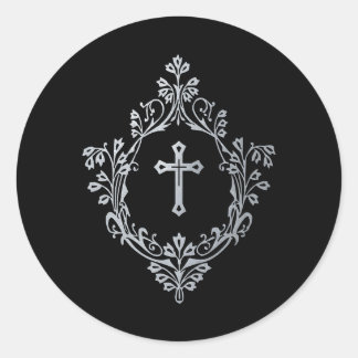 Pegatina Redonda Religious Cross in Crest Black Faux Silver Vintage