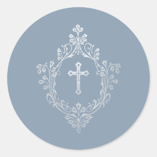 Pegatina Redonda Religious Dusty Blue Faux Silver Cross in Crest