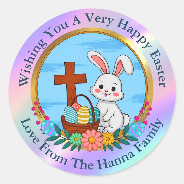 Pegatina Redonda Religious Happy Easter, Bunny with Cross & Egg (Anverso)