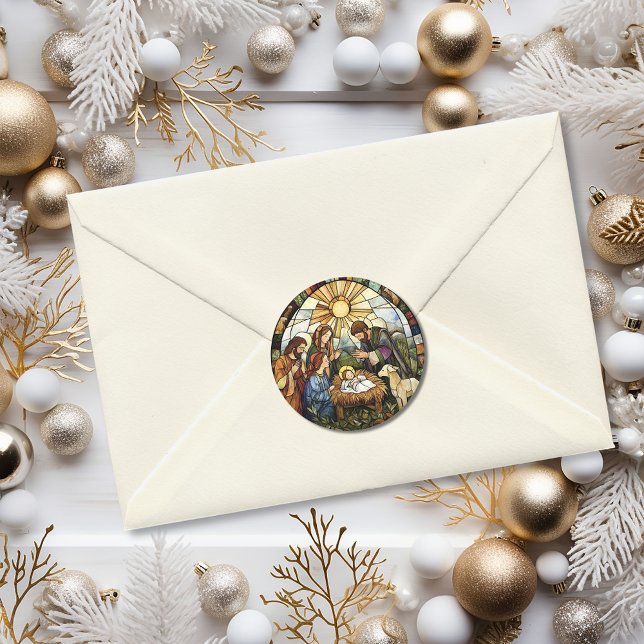 Pegatina Redonda Religious Stained Glass Nativity Holiday (Religious Stained Glass Nativity Holiday Classic Round Sticker)