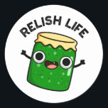 Pegatina Redonda Relish Life Funny Food Pun<br><div class="desc">Relish Life Funny Food Pun presenta una botella adorable de deleite que nos recuerda a la vida. Perfecto regalo de juego de palabras para la familia y amigos que aman los adorables juegos de palabras para deleitar la comida.</div>