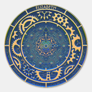 Pegatina Redonda Reloj Art Decó Rusty Azul de Steampunk Retro