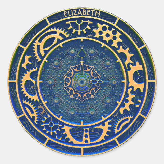 Pegatina Redonda Reloj Art Decó Rusty Azul de Steampunk Retro (Anverso)