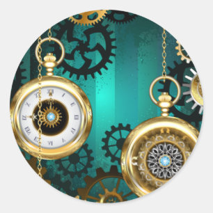 Pegatina Redonda Reloj de joyería Steampunk sobre un fondo verde