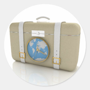 Pegatina Redonda Reloj de mapa mundial de maleta de viaje vintage