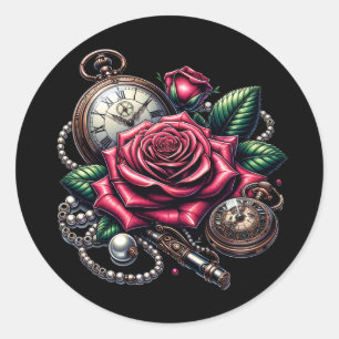 Pegatina Redonda Relojes de bolsillo y rosas steampunk