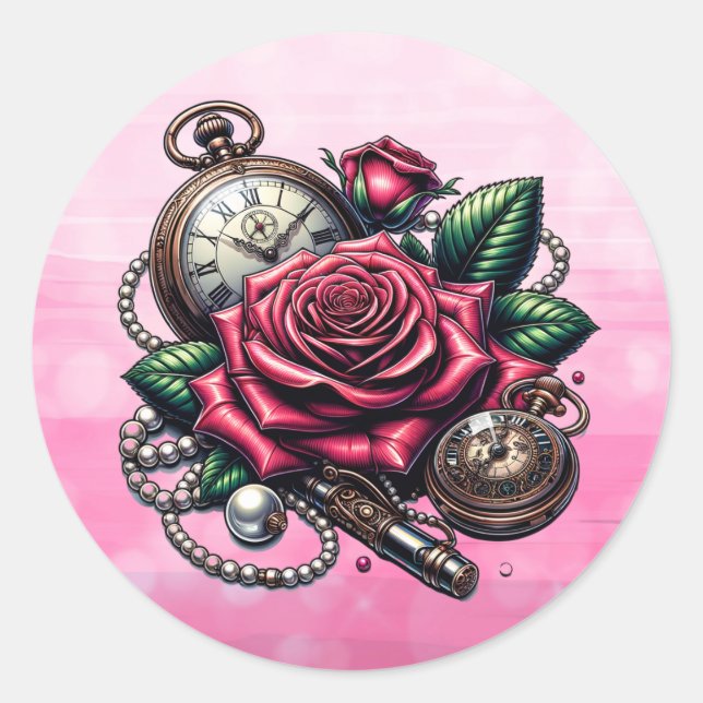 Pegatina Redonda Relojes de bolsillo y rosas steampunk (Anverso)