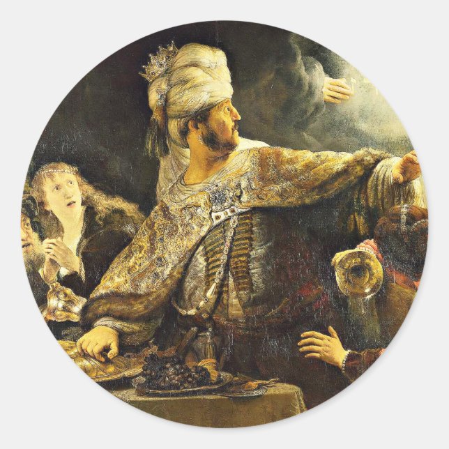 Pegatina Redonda Rembrandt's painting, Belshazzar's Feast, (Anverso)