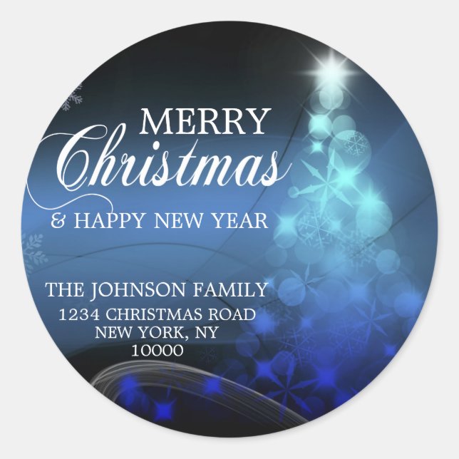 Pegatina Redonda Remite del FELIZ árbol de navidad blanco azul (Anverso)