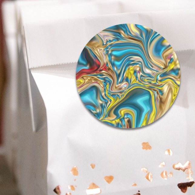 Pegatina Redonda remolinos de mármol abstracto amarillo turquesa az (abstract marble swirls yellow teal turquoise blue classic round sticker)