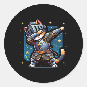 Pegatina Redonda Ren Faire Medieval Knight Dabbing Cat Kitten Funny