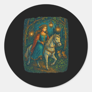 Pegatina Redonda Ren Faire Medieval Lady Horseback En Enchan